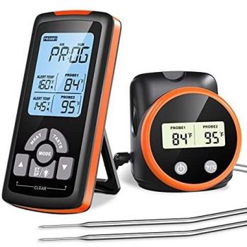 Cocoda Termometro Cocina Inalámbrico, Termometro Barbacoa de Sondas Larga Duales con Temporizador de Alarma, Alcance 300FT & Pantalla LCD con Retroiluminación, Perfecta para Horno Liquidos Aceite Agua