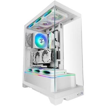Caja Gaming ATX Mars Gaming MC-Prisma, Triple Cristal Templado Sin Marcos, Iluminación ARGB Lateral y Frontal, Diseño de Doble Cámara, Soporte Refrigeración Líquida hasta 360mm, Color Blanco