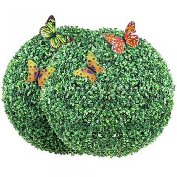Topiario Artificial de Boj 406 mm - 2 Plantas Falsas de PE, Hojas Reemplazables y Mariposas Decorativas para Jardín y Decoración Interior