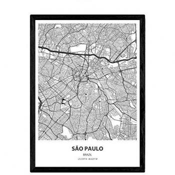 Póster con Mapa de Río de Janeiro y São Paulo - Brasil. Láminas de Ciudades de Latinoamérica con Mares y Ríos en Color Negro - Tamaño A3 sin Marco