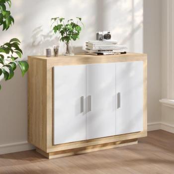 Aparador de madera contrachapada blanco y roble Sonoma 92x35x75 cm, Mueble de Almacenaje de Salón, Armarios con Puertas, Cajón de Madera, Buffet para salón Moderno,