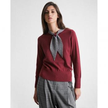Jersey de mujer ajustado con detalle de lazo en el cuello, fruncido en puños y bajo