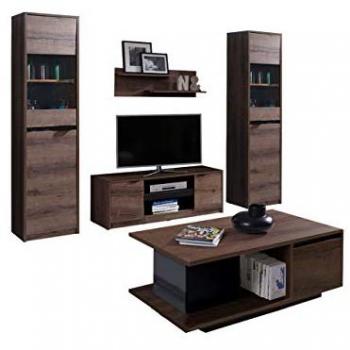 Conjunto de salón Providence F114, Aglomerado laminado en Roble del Monastery y Negro brillante, incluye mesa de TV y partes separadas