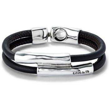 UNO de 50 Double Brown Leather Bracelet with Sterling Silver Tubes - Unisex