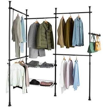Perchero de Ropa Telescópico SoBuy KLS04-SCH, Altura Ajustable, 5 Barras, 2 Cestas, Color Negro, Dimensiones L209-312 x H108-285 cm
