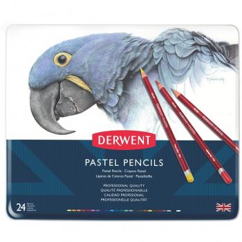Estuche metálico de 24 lápices pastel Derwent, ideal para artistas y amantes del dibujo.