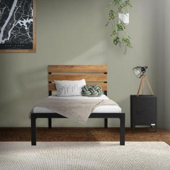 Cama metálica negra con cabecero de madera marrón y somier individual 90x200 cm