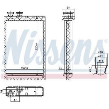 Radiador de calefacción NISSENS 707224 con características como intercambiador de calor, diseño compacto, fácil instalación, alta eficiencia térmica y compatibilidad con diversos modelos de vehículos