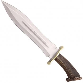 Electropolis Cuchillo de Caza Muela Podenquero PODENQUERO-S, puño de asta de Ciervo con Roseta y latón, Peso 630 Gramos + Tarjeta Multiusos de Regalo