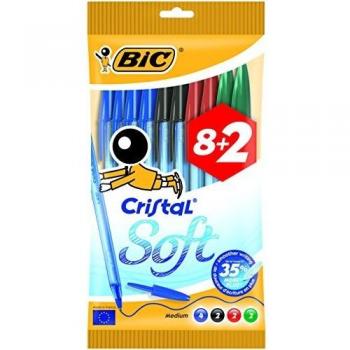 Bic Cristal Soft Bolsa de 10 Bolígrafos de Bola - Punta Media de 1.2mm - Trazo de 0.45mm - Escritura Fluida - Colores Surtidos