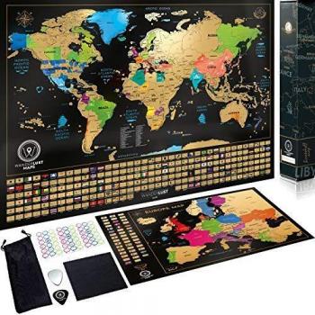 W WANDERLUST MAPS Mapa Mundi Rascar (61 X 43 cm) + Mapa Europa Rascar (46 X 33 cm). El paquete de regalo incluye una herramienta para rascar con precisión y pegatinas de recuerdo de viajes, oro/negro