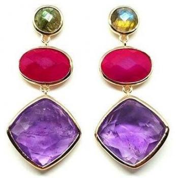 Pendientes Aloha de plata de ley 0925 bañados en oro rosa con labradorita, ágata fucsia y amatista.