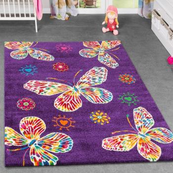Alfombra infantil (Diseño de Mariposas habitación de los Niños parte habitaciones Multicolour en color morado, 80 x 150 cm