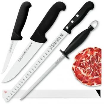 Kit Profesional de Cuchillos Gourmet - Jamonero Alveolado 29 cm, Deshuesadores, Chaira y Funda