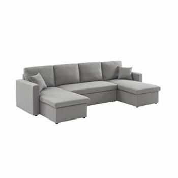 Sofá Cama Panorámico de 4 Plazas en Tela Gris Claro, Urban, 281x142x86 cm