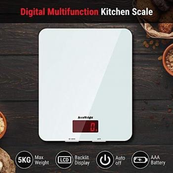 ACCUWEIGHT Báscula Digital de Cocina con Superficie de Vidrio Templado 5kg/11 lbs Balanza Alimentos Multifuncional con Pantalla LCD para Peso de Comida, Alta Precisión hasta 1g, Blanco