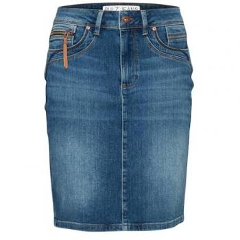 Pulz Jeans Women's Figure-Hugging Cotton Blend Skirt with Pockets in Medium Blue Denim