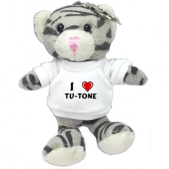 Gato gris de peluche (llavero) con Amo Tu-tone en la camiseta (nombre de pila/apellido/apodo)