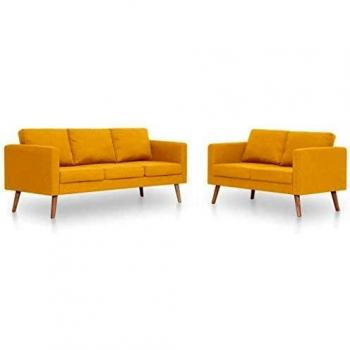 vidaXL Conjunto Sofá 2 y 3 Plazas 2 Piezas Tapizado Tela Estructura Patas Madera Diseño Moderno Cojín Asiento Respaldo Set Sillón Salón Sala Amarillo