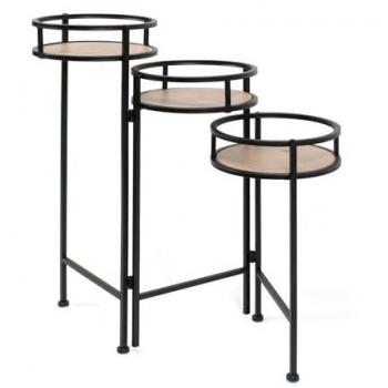 Set de Soportes Decorativos - Mesas Auxiliares de Metal Redondas y Cuadradas - Mesitas para Recibidor, Salón y Sala de Estar - Extensibles con Madera Natural