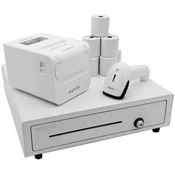 Pack Approx appPOSPACK4180WH Cajón Portamonedas, Impresora Térmica, Lector de Códigos y Rollos Térmicos Blanco