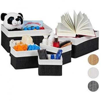 Set de 6 cestas de almacenaje en bambú con funda de tela, organizador cuadrado y rectangular, color negro