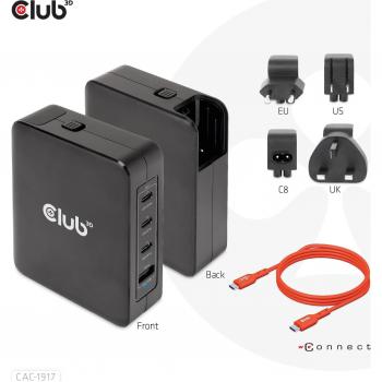 Cargador de Viaje Internacional Club3D GAN 140W con tecnología GAN, potencia de 140 W, puertos USB Tipo A (1x) y Tipo C (3x), compatible con PPS y Power Delivery (PD)