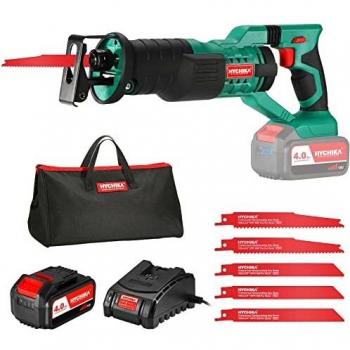 Sierra de Sable, Hychika 18V Sierra de Sable, Batería de 4,0 Ah, Velocidad Variable de 0 A 2800 SPM, 6 Cuchillas, Cargador Rápido, Luz Led, Ideal Para Cortar Madera Y Metal.