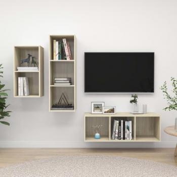 vidaXL Set de mueble para TV 3 piezas madera contrachapada color roble Sonoma, incluye Mueble de salón, Mueble TV, Mesa de TV