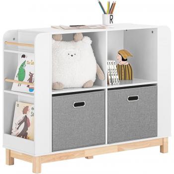 Organizador de Juguetes Librería Infantil Multifuncional Armario para Niños con 6 Estantes Laterales, 2 Cestas y 2 Compartimientos Abiertos, Madera Blanca