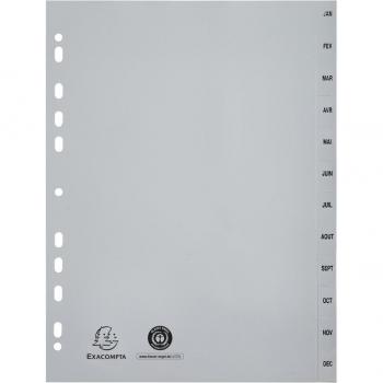Separadores Mensuales A4 Maxi Exacompta, 12 Pestañas Imprimidas, Polipropileno Recycled, de Enero a Diciembre, Color Gris