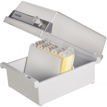 Caja de índice HAN A6 horizontal, plástico, 800 tarjetas, con tapa cerrable, gris claro