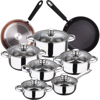 Batería de cocina 12 piezas SAN IGNACIO Cassel en acero inoxidable con juego de sartenes Moma en aluminio forjado