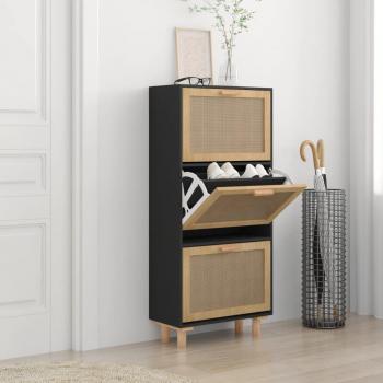 Zapatero negro de madera multicapa y ratán natural 52x25x115cm