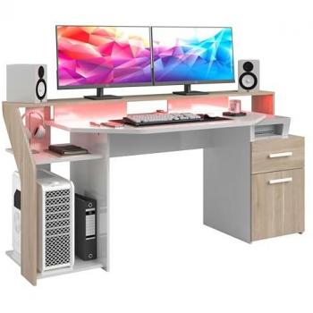Mesa Gaming Escritorio Atlas con Led Rojo en Color Roble Japonés y Blanco Brillo 178 cm