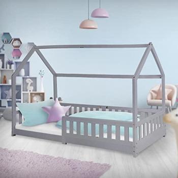 Cama Infantil Creativa de Madera con Techo y Protección Anticaída 90x200 cm - ML-Design