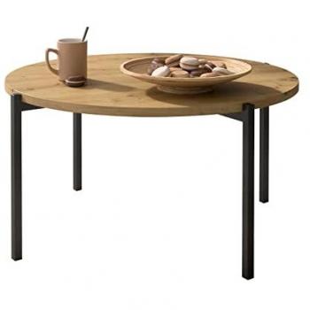 Mesa de café redonda Providence 180, Aglomerado laminado, Negro y Roble Artisan, Diámetro: 85cm, Altura: 42cm