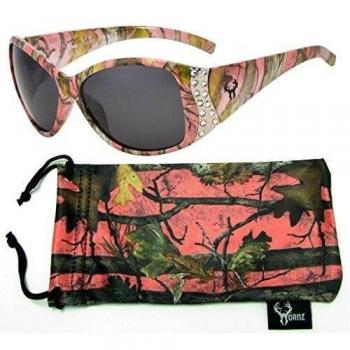 Hornz Camuflaje del Rosa Gafas de Sol polarizadas para Las Mujeres del Rhinestone Acentos y Que Coinciden con Bolsa de Microfibra – Marco Rosado de Camo - Lente Humo