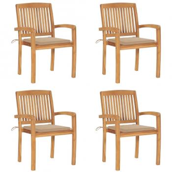 Stackable Garden Chairs with Cushions - Set of 4 Solid Teak Wood