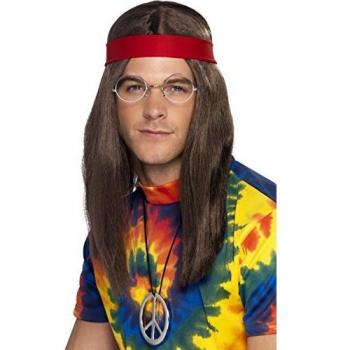 Smiffys-21337 Hippies Kit de Hombre Hippy, Peluca, Gafas, medallón con el símbolo de la Paz y, Color marrón, Tamaño único
