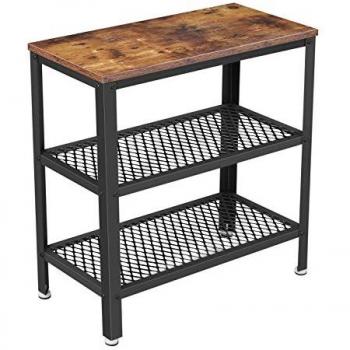 Mesa auxiliar industrial marrón rústico con 2 estantes de malla, compacta y estable, fácil montaje para salón, dormitorio y oficina