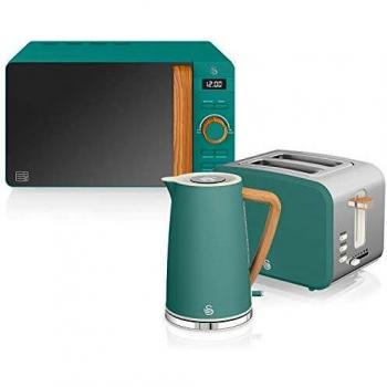 Swan Nordic Set Desayuno, Hervidor de Agua 1.7L 2200W, Tostadora Pan Ranura Ancha 2 Rebanadas, Microondas 20L Digital, Diseño Moderno