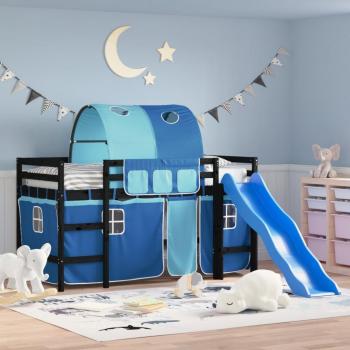Cama alta infantil con túnel de madera de pino macizo azul 80x200 cm