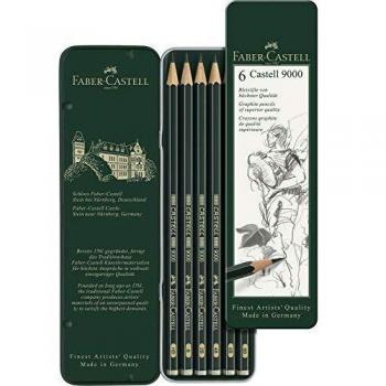 Faber-Castell 119063 - Estuche de 6 lápices Castell 9000, graduación HB, B, 2B, 4B 6B y 8B, color verde