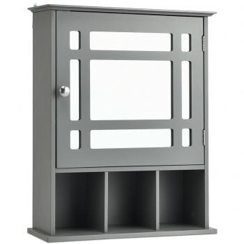 Armario de Baño con Espejo de Pared Costway, Mueble Organizador con Puerta y Estante, Gabinete de Almacenamiento Gris, Dimensiones 50 x 16 x 61 cm, Incluye Estante