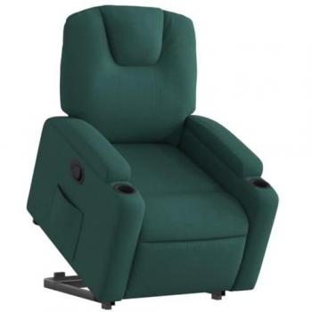 Sillón reclinable elevable en tela verde oscuro con respaldo y reposabrazos, ideal para descanso y ajuste de asiento para ancianos