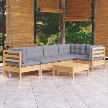 6-Piece Pinewood Garden Lounge Set with Gray Cushions