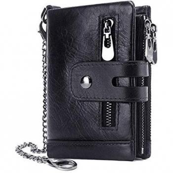 Cartera Hombre Monedero de Cuero con RFID Bloqueo Billetera Piel Hombre y Monedero con Cremallera, Billeteras Bifold Hombres 16 Ranuras para Tarjetas Carteras para Hombre con Cadena