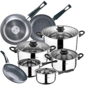 San Ignacio Juego de Batería de Cocina de 8 Piezas + Set de 3 Sartenes de Aluminio Prensado Soul Marble (16, 20, 24 cm)