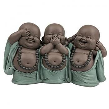 Figura Decorativa Buda Azul de Resina 11*7*18 cm - Signes Grimalt By SIGRIS, incluye diseño de 3 Budas Sonriendo (No ve, No oye, No habla) en 18 cm